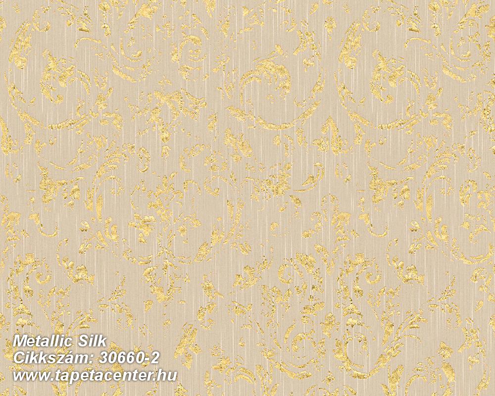 Barokk-klasszikus,csillámos,különleges felületű,különleges motívumos,valódi textil,arany,bézs-drapp,vlies tapéta 